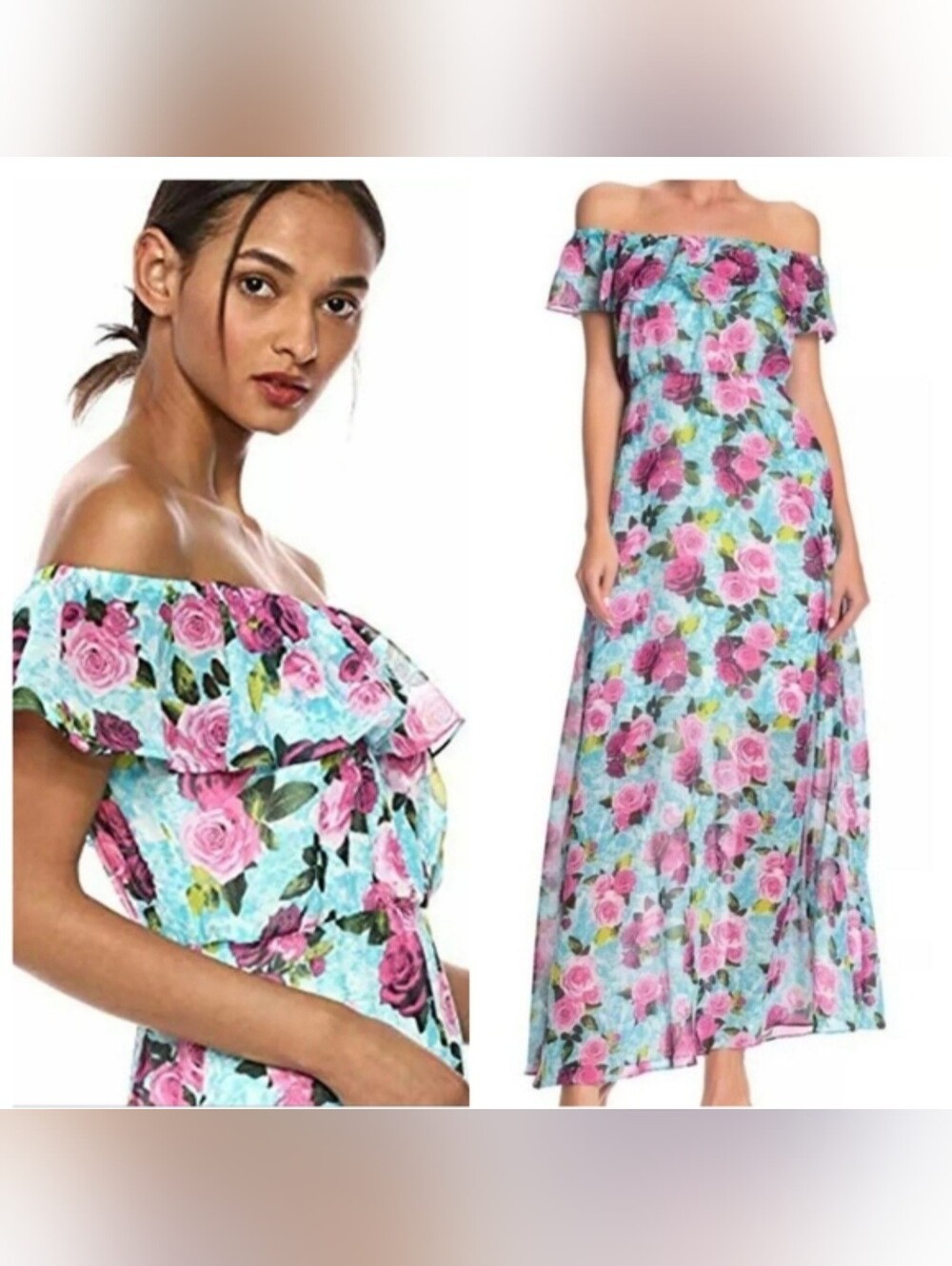 Betsey Johnson Drowning roses Malibu blue off shoulder flowy maxi dress XL NWT